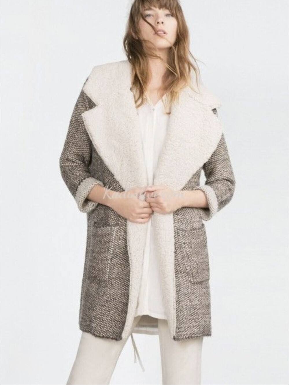 Zara Knit Cardigan Coat M Marled Gray Gorpcore Cabin Sherpa Trim Open Duster